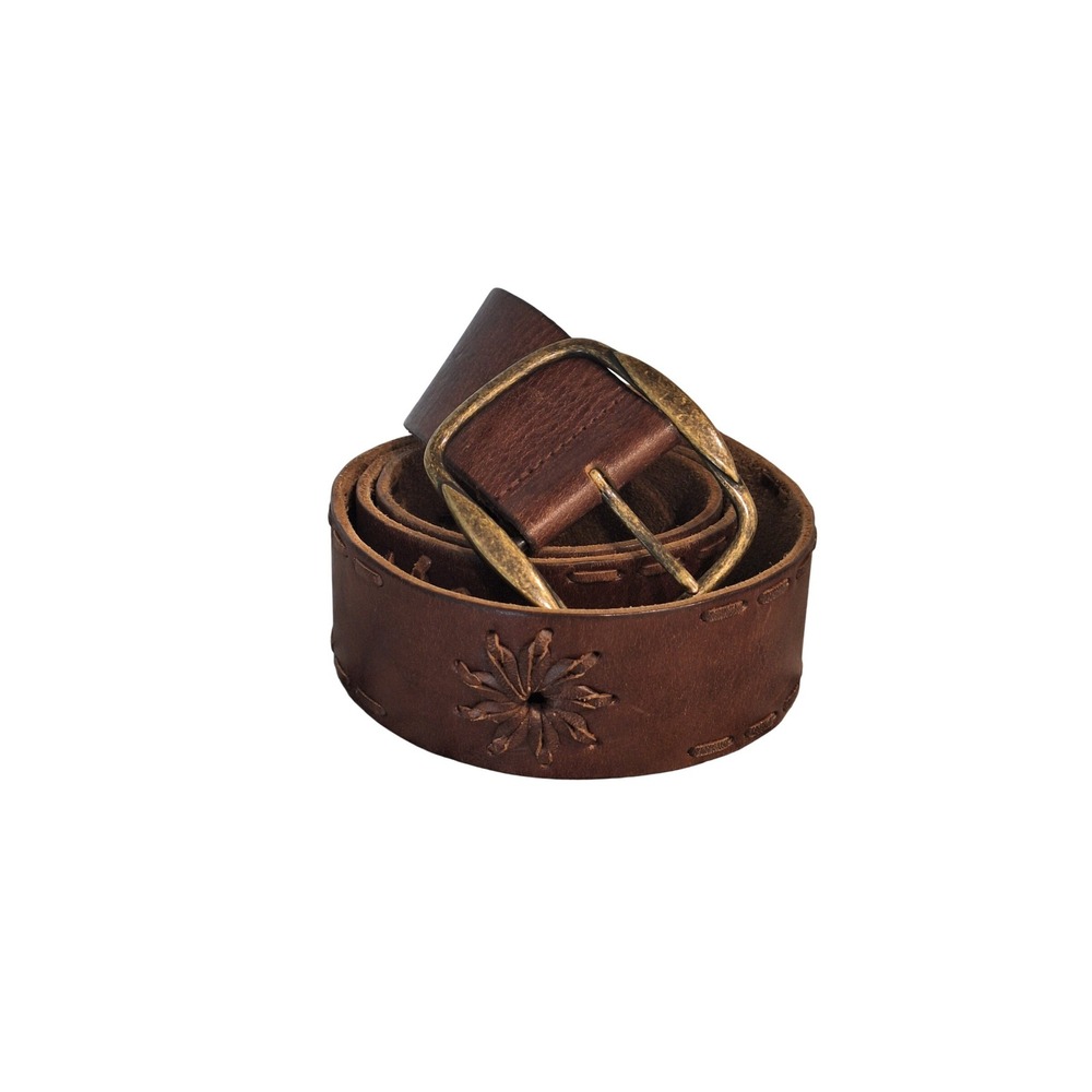 Brown Leather Floral-Embossed Women’s Belt - Classic Metal Buckle